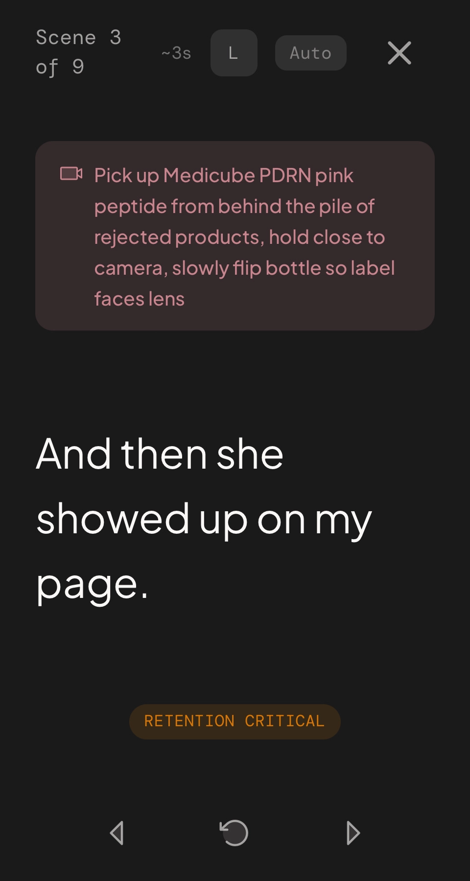 Film Mode teleprompter showing scene-by-scene filming cues